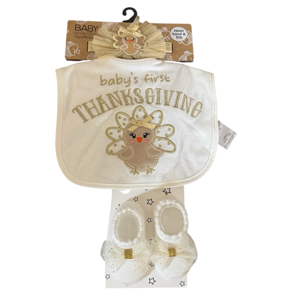 Baby Essentials Thanksgiving Bib and Shoe Set - Cream and Gold